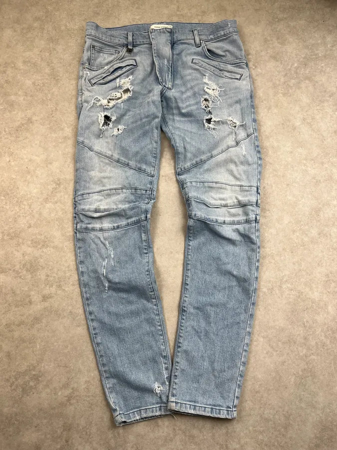 2000s Pierre Balmain Light Blue Biker Denim Distressed Jeans fZkSpAM 3