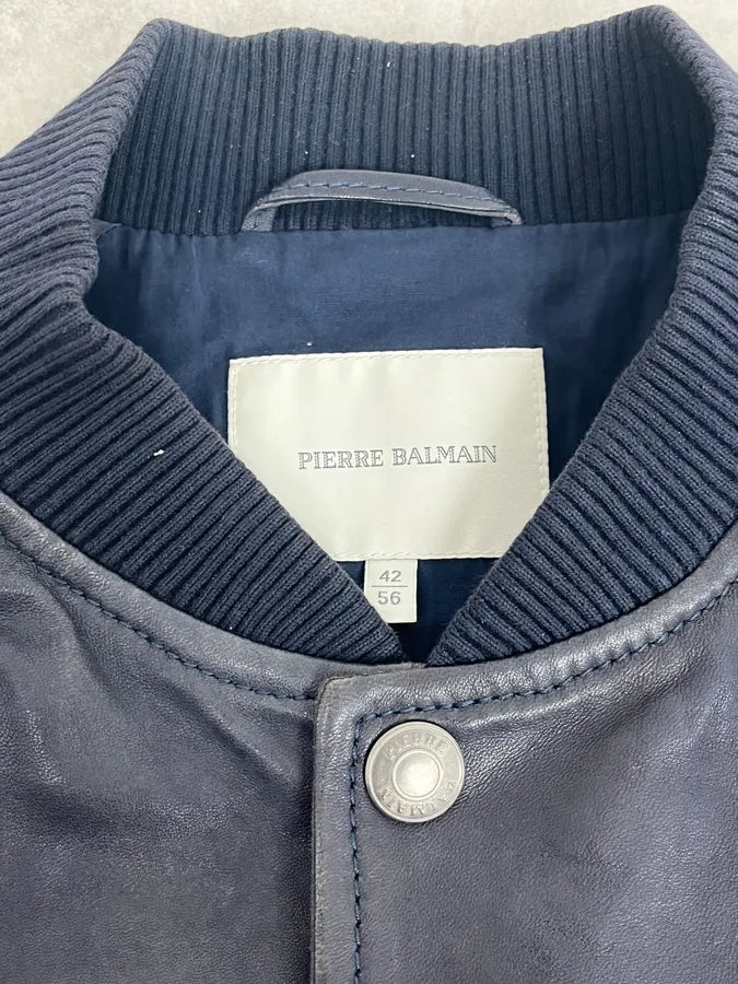 2000s Pierre Balmain Navy Arm Zips Leather Biker Jacket lvUxMoG 8