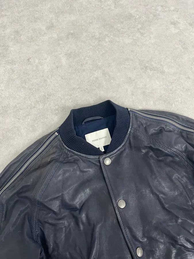 2000s Pierre Balmain Navy Arm Zips Leather Biker Jacket lvUxMoG 4