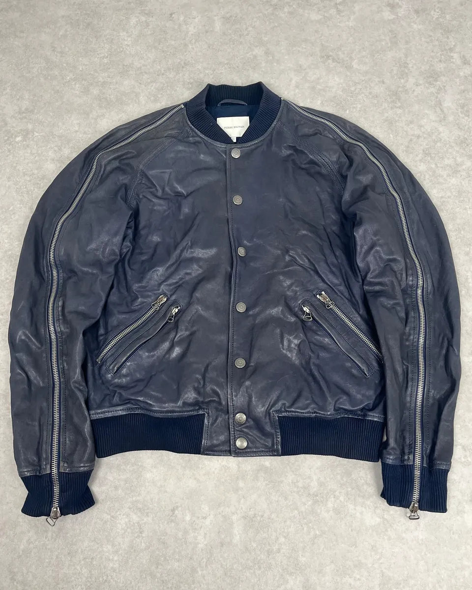 2000s Pierre Balmain Navy Arm Zips Leather Biker Jacket lvUxMoG 0