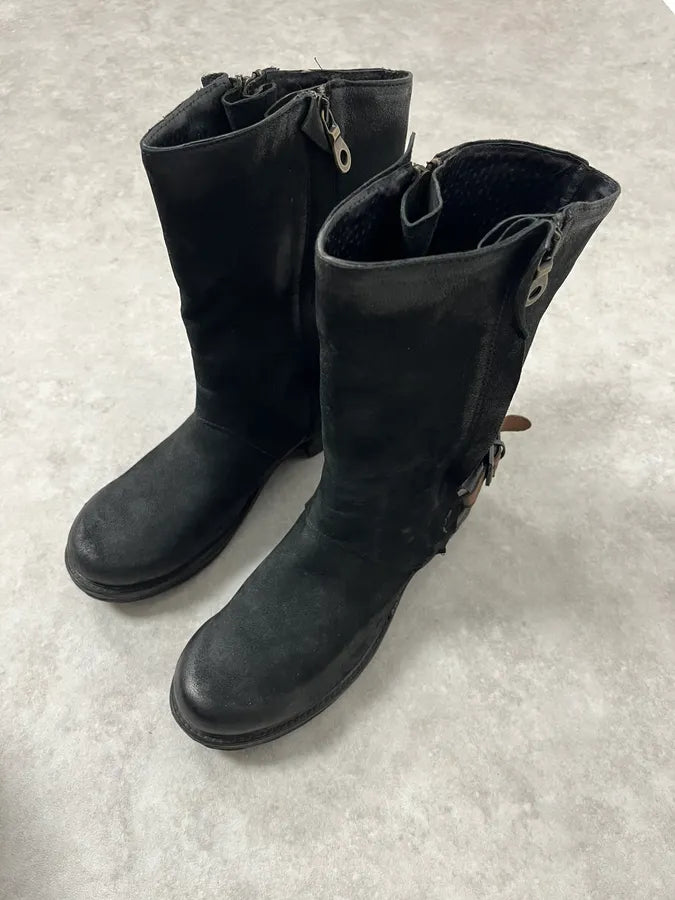 2000s Piranha Black Leather Waxed Effect Suede Ankle Boots EYhtttH 5