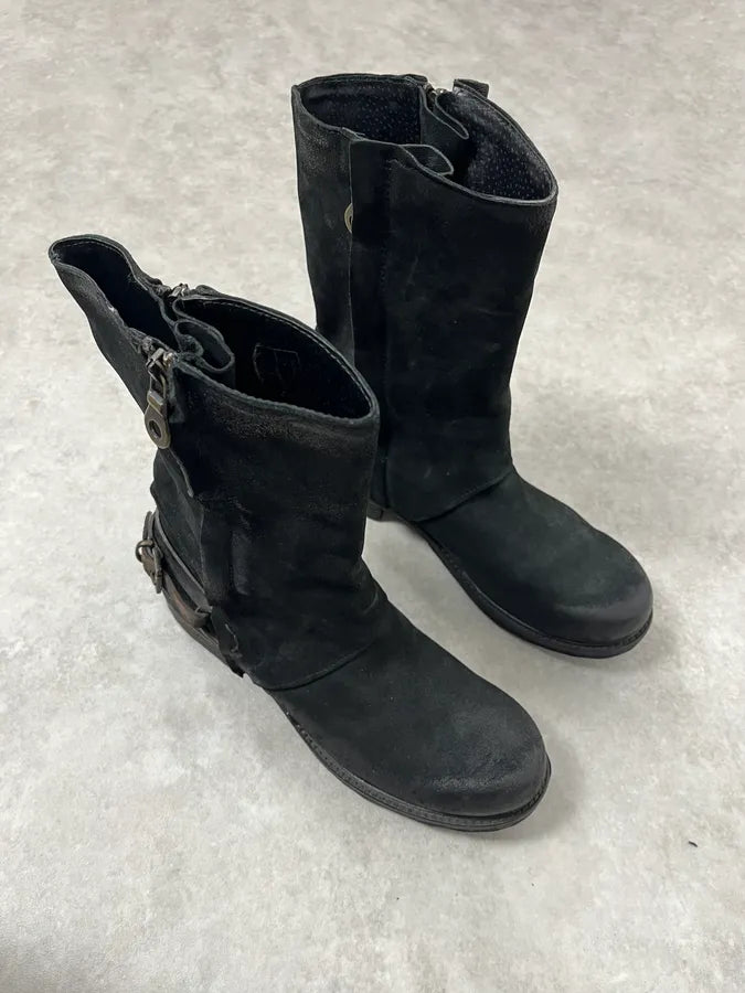 2000s Piranha Black Leather Waxed Effect Suede Ankle Boots EYhtttH 3