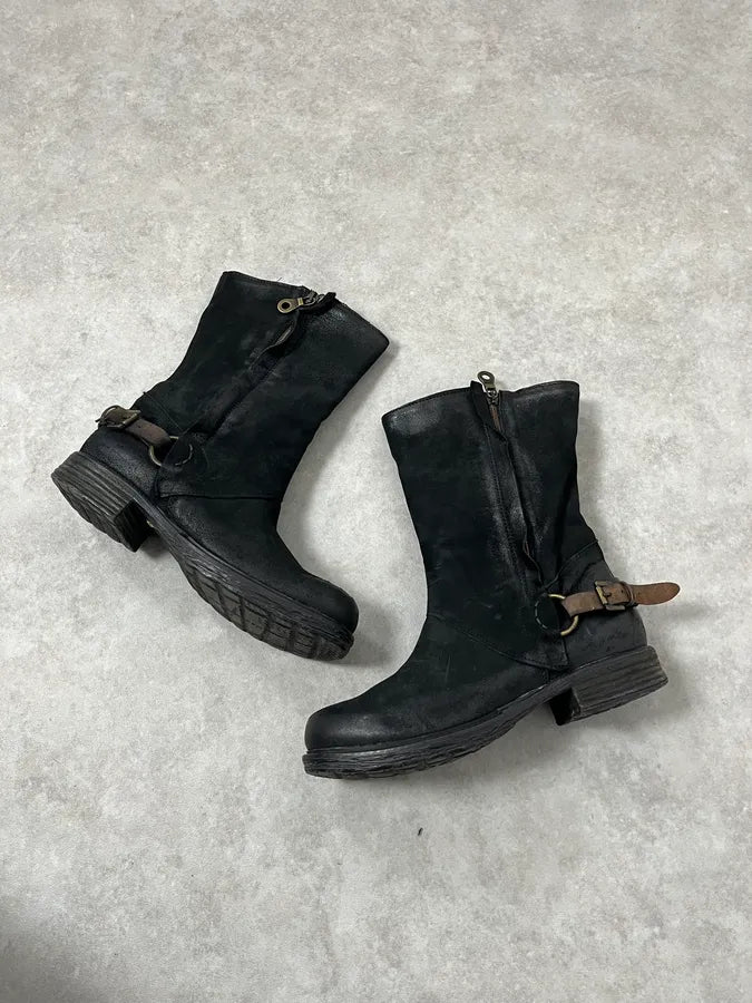 2000s Piranha Black Leather Waxed Effect Suede Ankle Boots EYhtttH 6