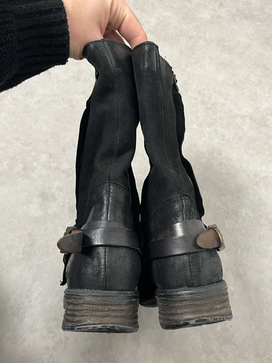 2000s Piranha Black Leather Waxed Effect Suede Ankle Boots EYhtttH 7