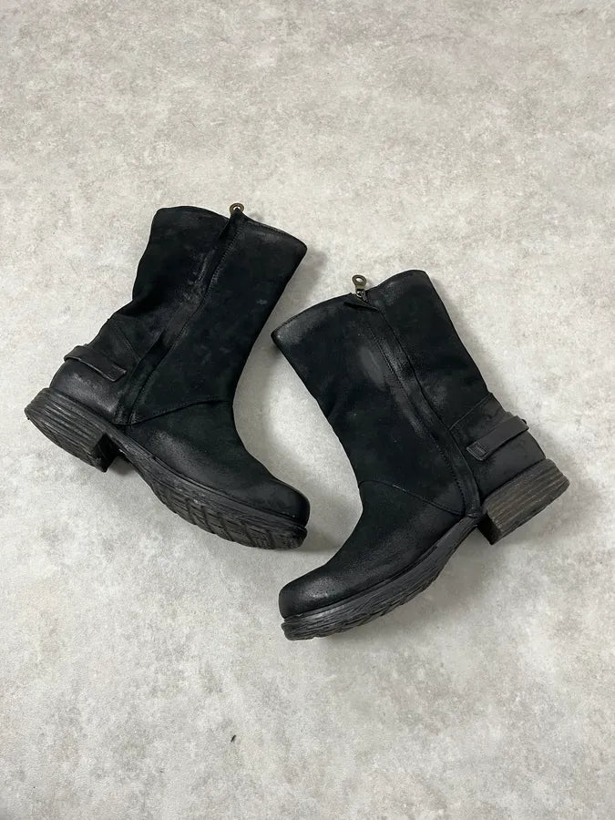 2000s Piranha Black Leather Waxed Effect Suede Ankle Boots EYhtttH 4