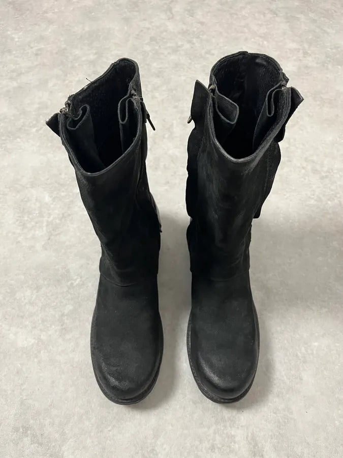 2000s Piranha Black Leather Waxed Effect Suede Ankle Boots EYhtttH 1