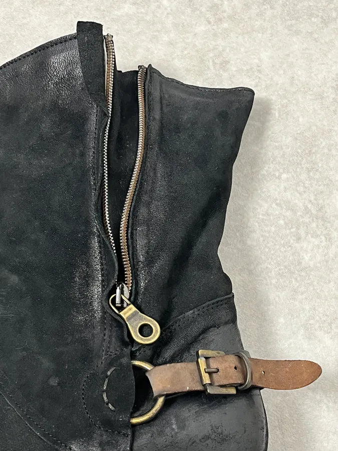 2000s Piranha Black Leather Waxed Effect Suede Ankle Boots EYhtttH 11