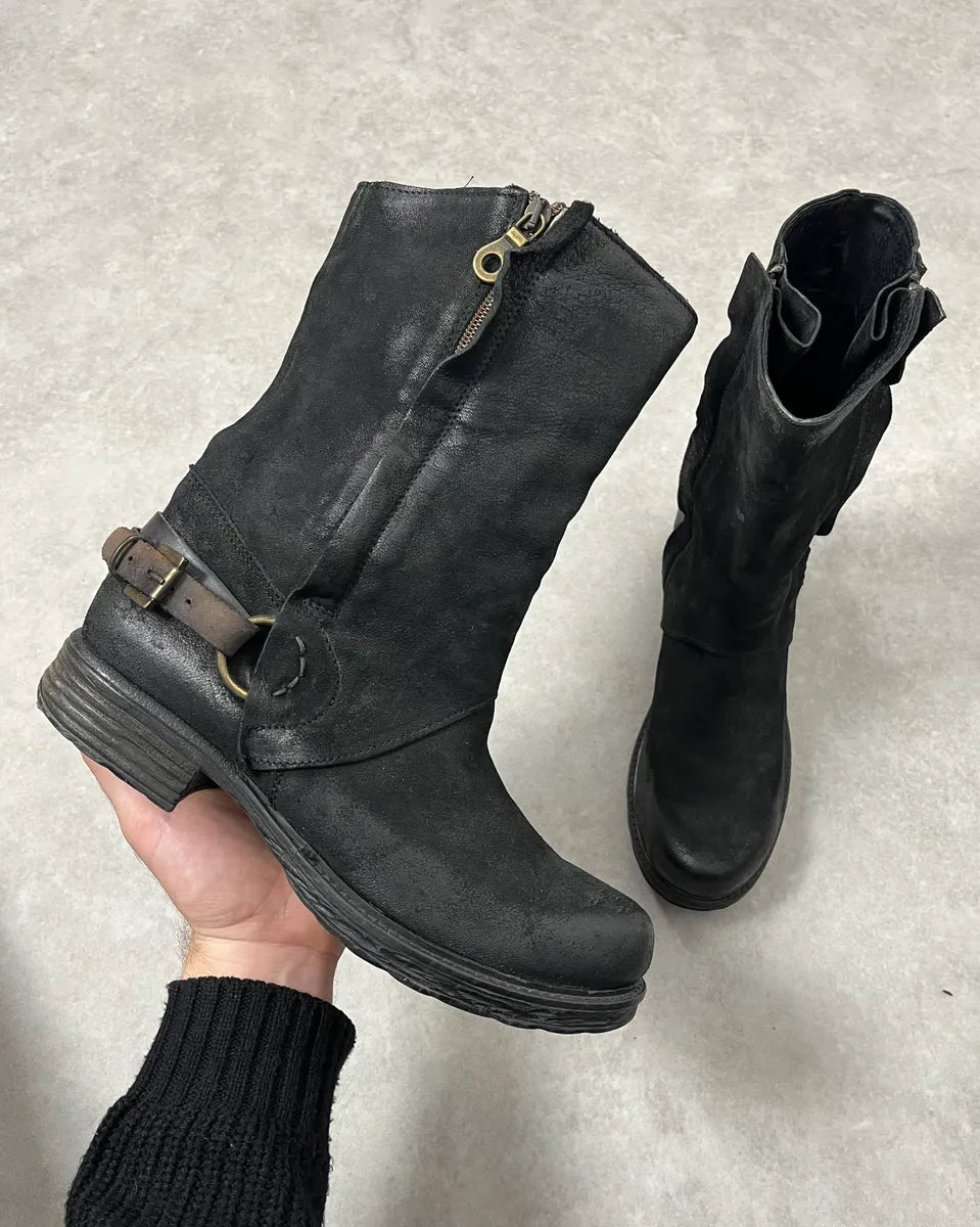 2000s Piranha Black Leather Waxed Effect Suede Ankle Boots EYhtttH 0