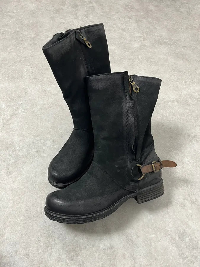 2000s Piranha Black Leather Waxed Effect Suede Ankle Boots EYhtttH 2