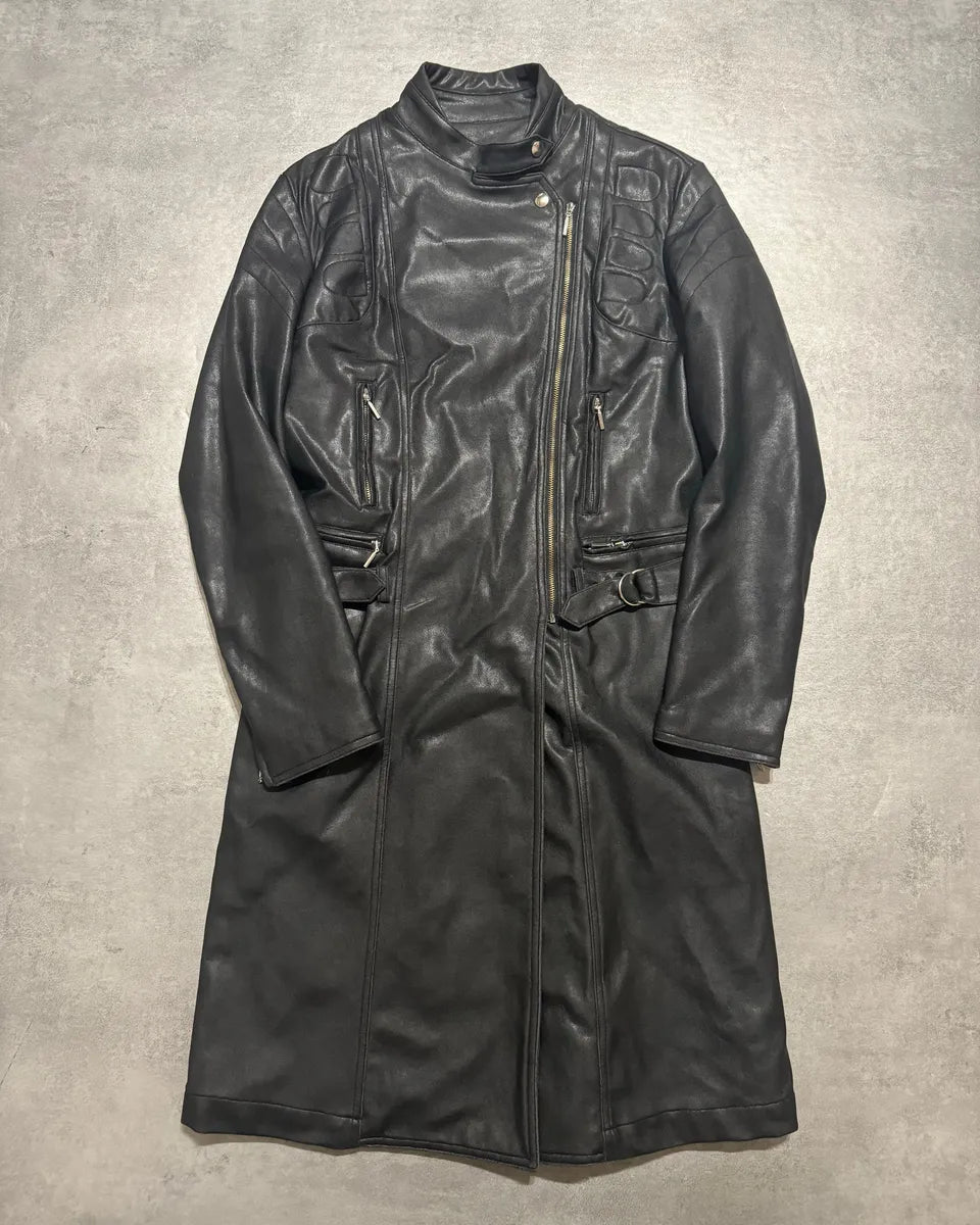 2000s Plein Sud Asymmetrical Black Padded Leather Trench Jacket liAcMek 0