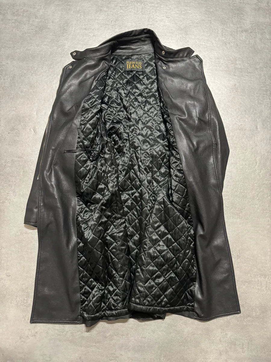 2000s Plein Sud Asymmetrical Black Padded Leather Trench Jacket liAcMek 5
