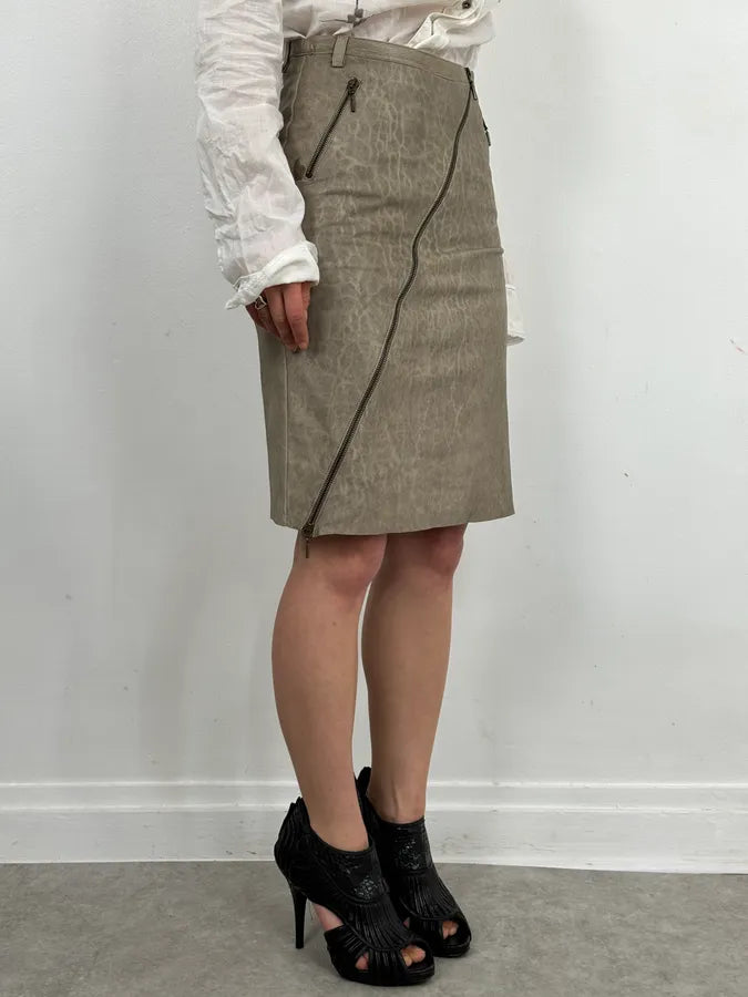 2000s Plein Sud Asymmetrical Zip Beige Leather Skirt OvjGEHL 2