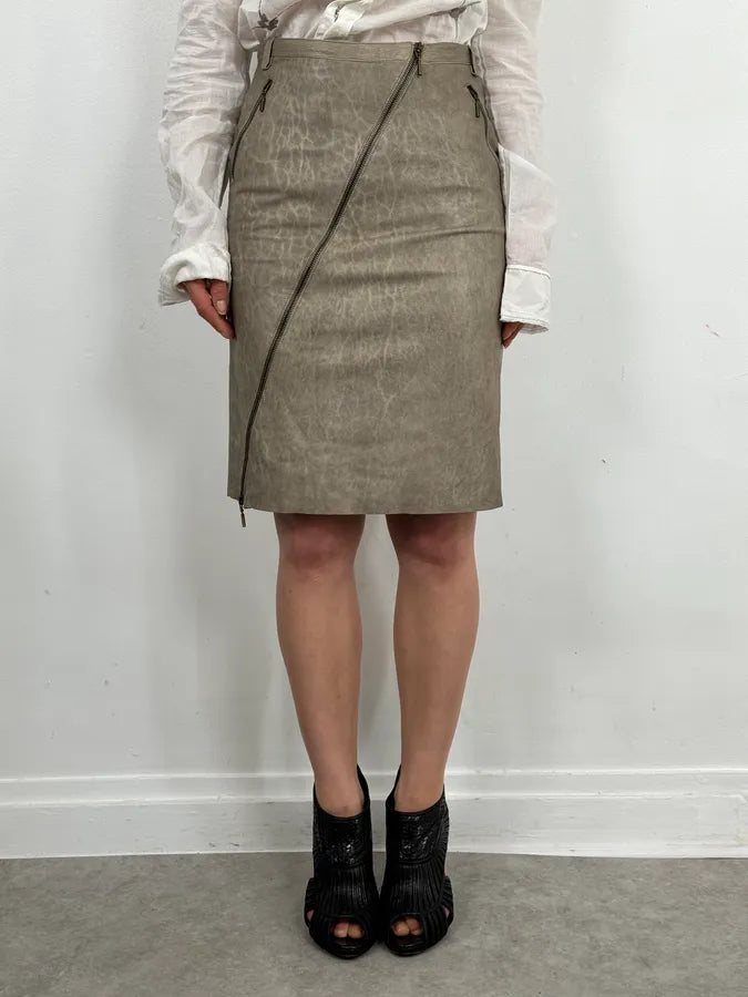 2000s Plein Sud Asymmetrical Zip Beige Leather Skirt OvjGEHL 1