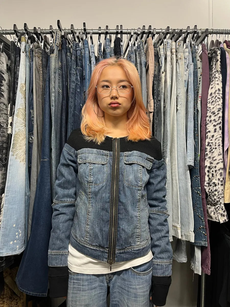 2000s Plein Sud Black & Blue Denim Hybrid Jacket qBHSBEx 2