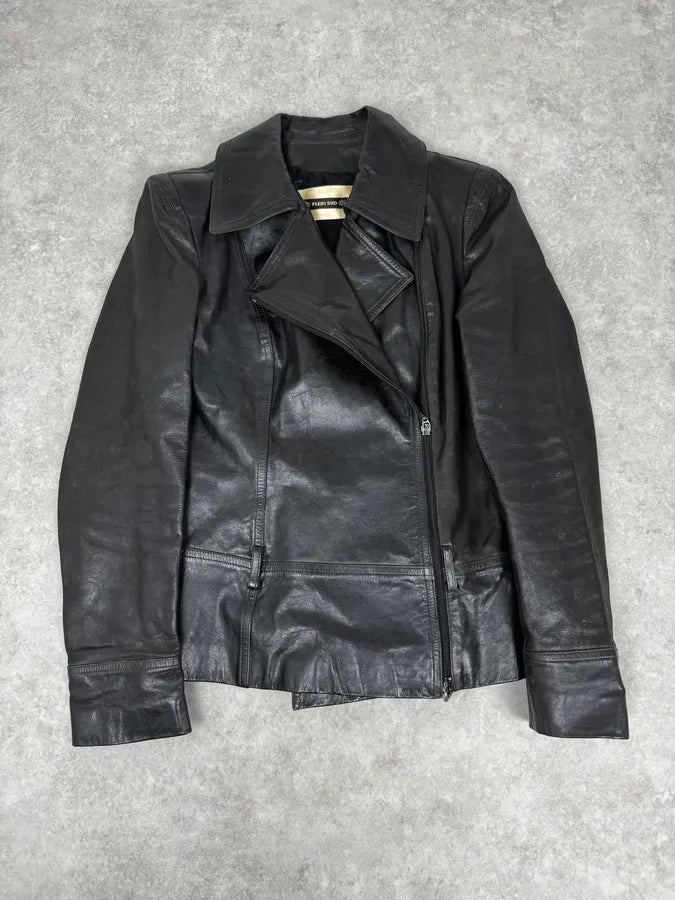 2000s Plein Sud Black Asymmetrical Biker Leather Jacket HkqoYDX 2