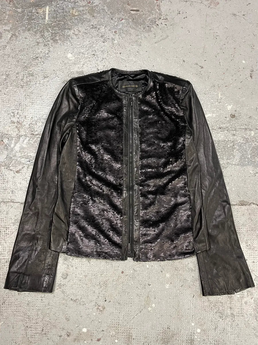 2000s Plein Sud Black Sequin Leather Jacket WgKMOKZ 0