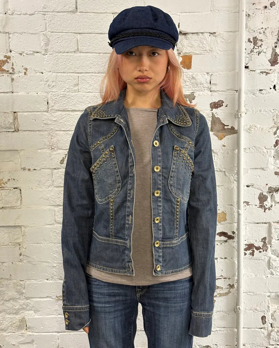 2000s Plein Sud Blue Denim Studded Denim Jacket STRSYek 1