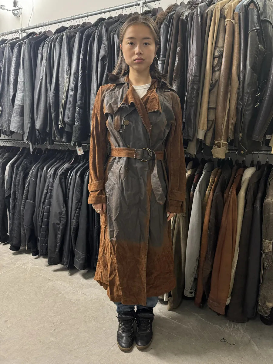 2000s Plein Sud Brown Eroded Waxed Effect Trench Jacket (M) CPFhTYj 2