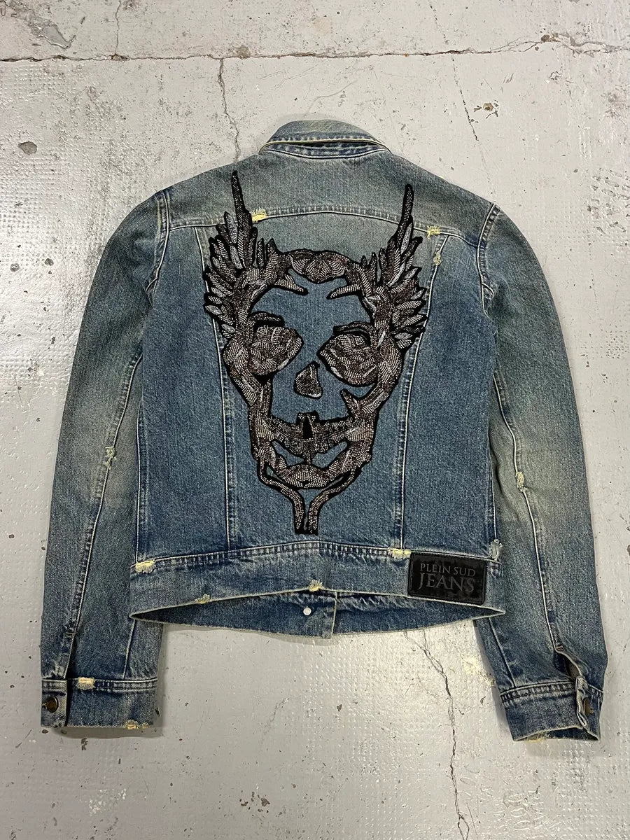 2000s Plein Sud Deadskull Embroidered Blue Denim Jacket nrOkmlS 0