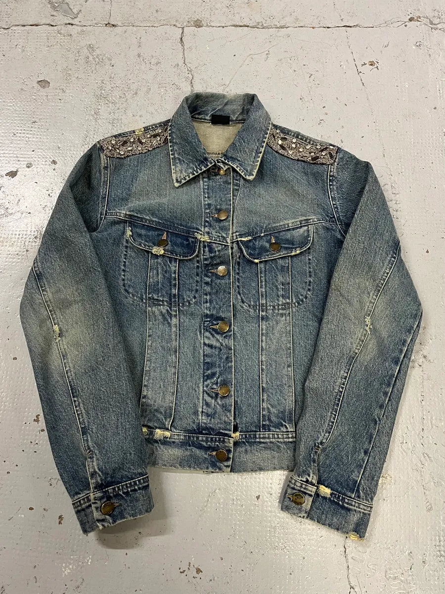2000s Plein Sud Deadskull Embroidered Blue Denim Jacket nrOkmlS 1