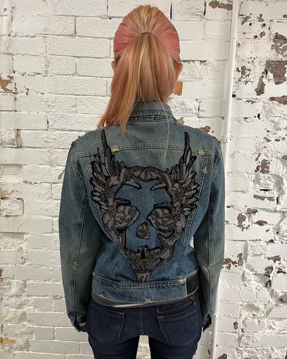 2000s Plein Sud Deadskull Embroidered Blue Denim Jacket nrOkmlS 3