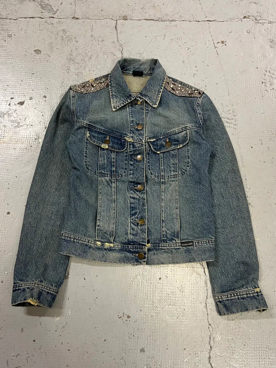 2000s Plein Sud Deadskull Embroidered Blue Denim Jacket nrOkmlS 4