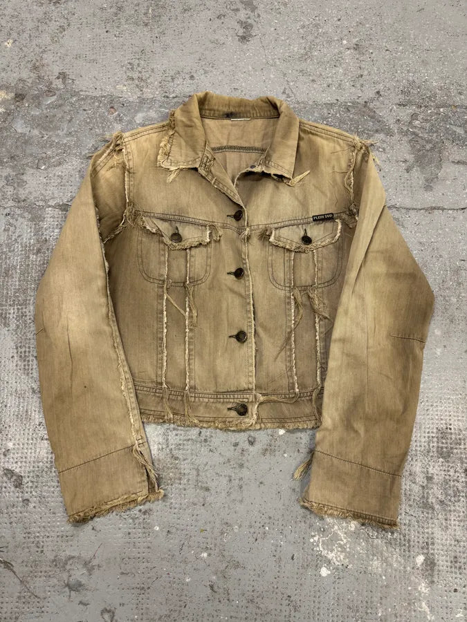 2000s Plein Sud Distressed Trucker Beige Cropped Jacket zwpyhEO 0