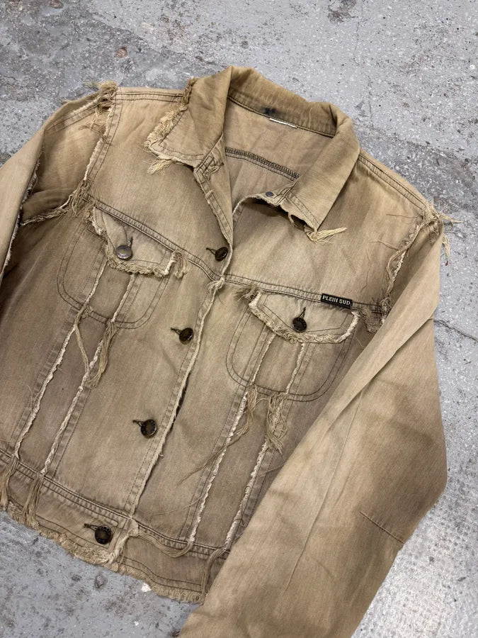 2000s Plein Sud Distressed Trucker Beige Cropped Jacket zwpyhEO 2