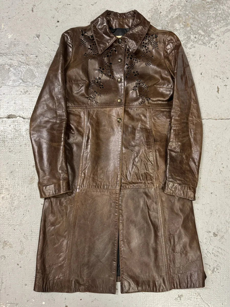 2000s Plein Sud Embellished Holes Brown Leather Trench Long Jacket VHHxhFh 0
