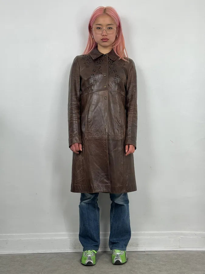 2000s Plein Sud Embellished Holes Brown Leather Trench Long Jacket VHHxhFh 1