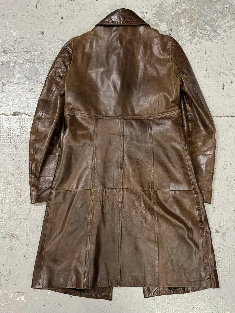 2000s Plein Sud Embellished Holes Brown Leather Trench Long Jacket VHHxhFh 3