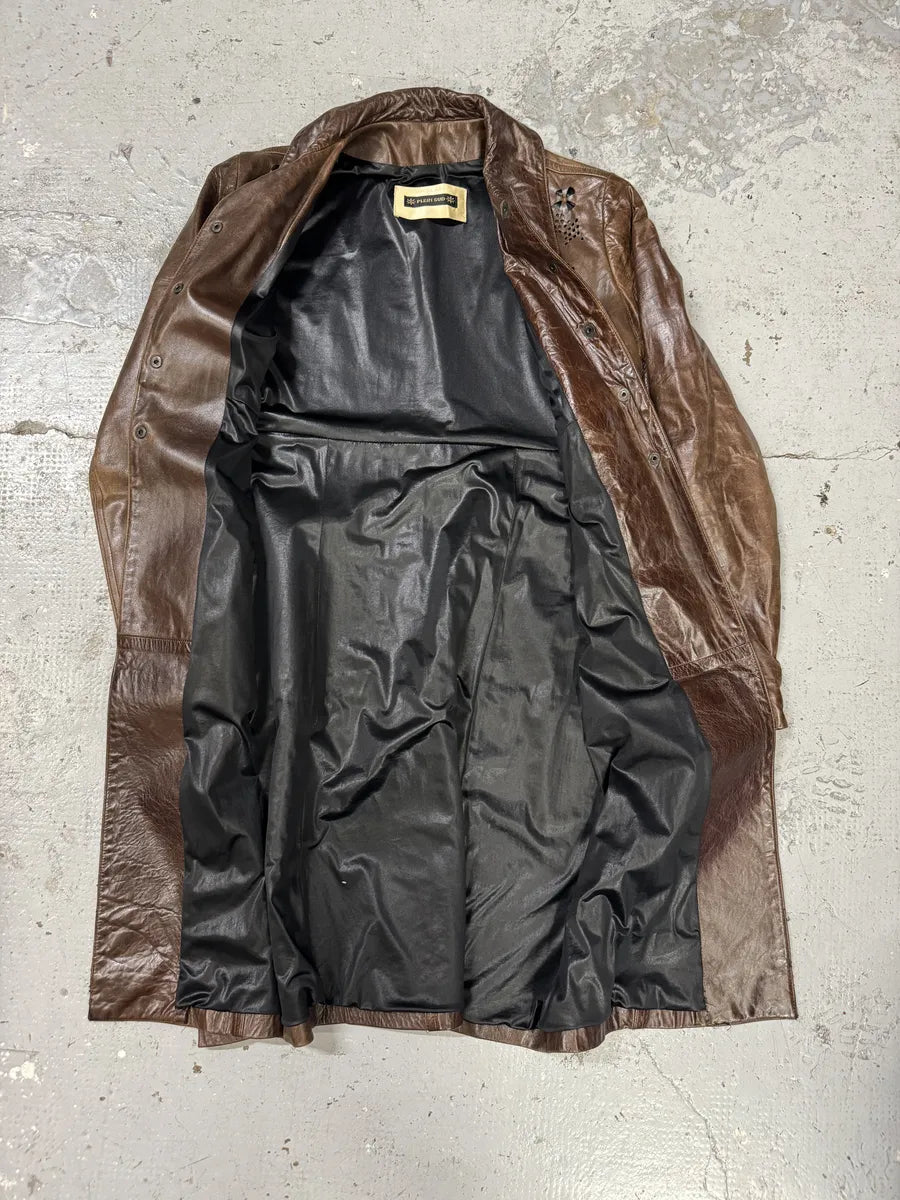 2000s Plein Sud Embellished Holes Brown Leather Trench Long Jacket VHHxhFh 4