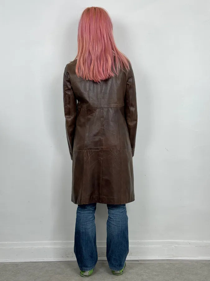 2000s Plein Sud Embellished Holes Brown Leather Trench Long Jacket VHHxhFh 2