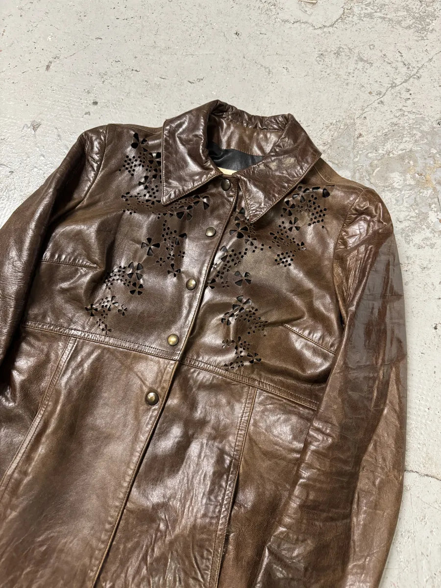 2000s Plein Sud Embellished Holes Brown Leather Trench Long Jacket VHHxhFh 6
