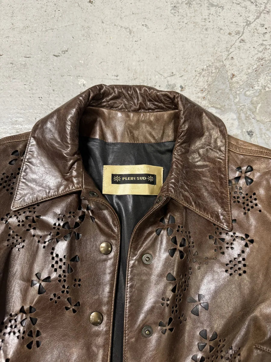 2000s Plein Sud Embellished Holes Brown Leather Trench Long Jacket VHHxhFh 7