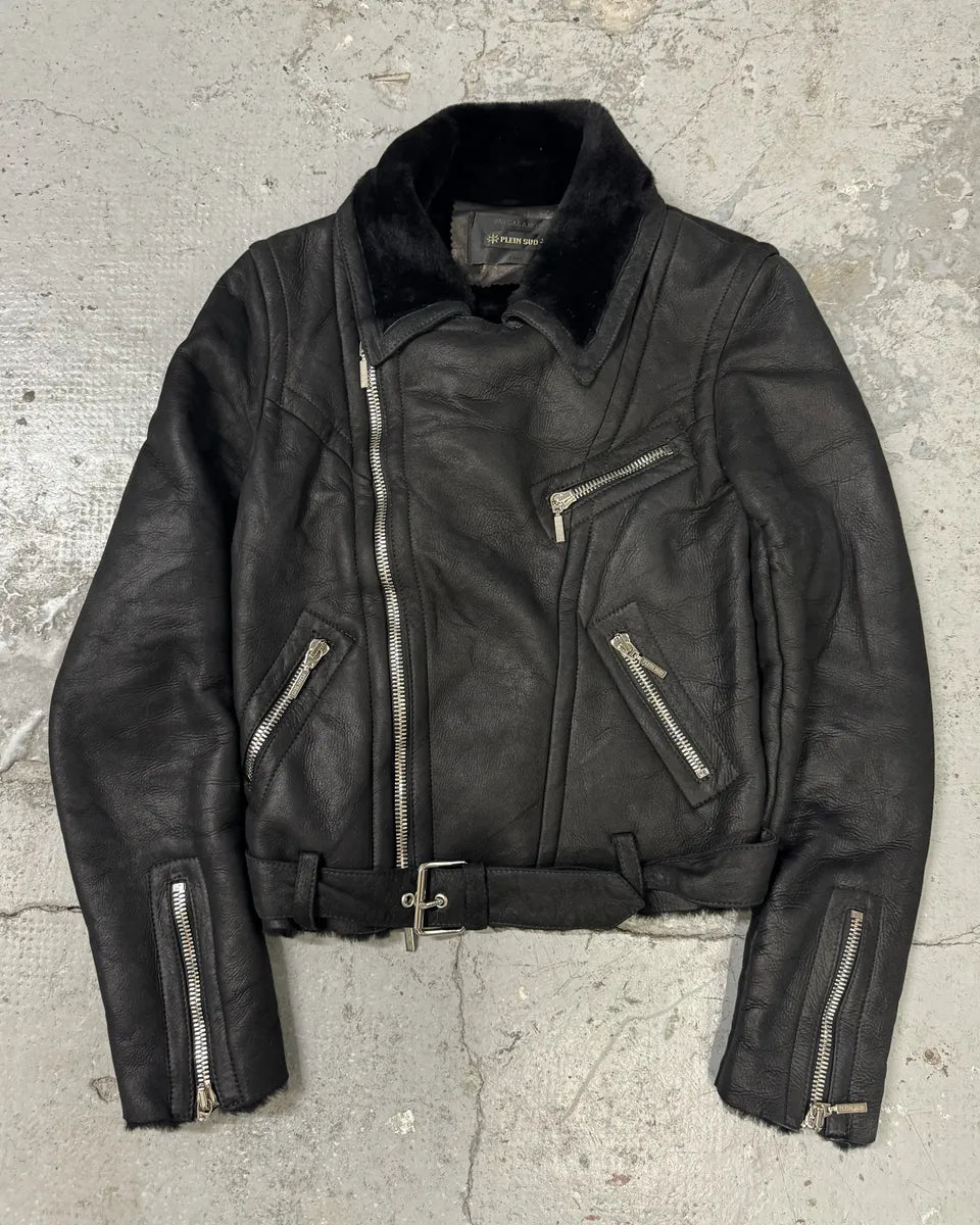 2000s Plein Sud Faycal Amor Black Shearling Leather Asymmetrical Jacket mEUmHTg 0