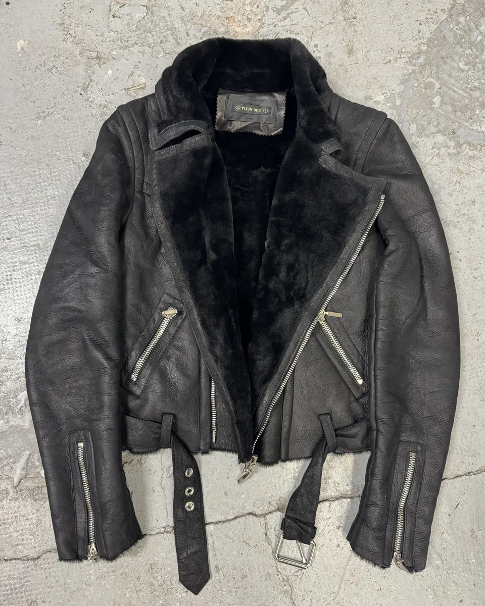 2000s Plein Sud Faycal Amor Black Shearling Leather Asymmetrical Jacket mEUmHTg 1