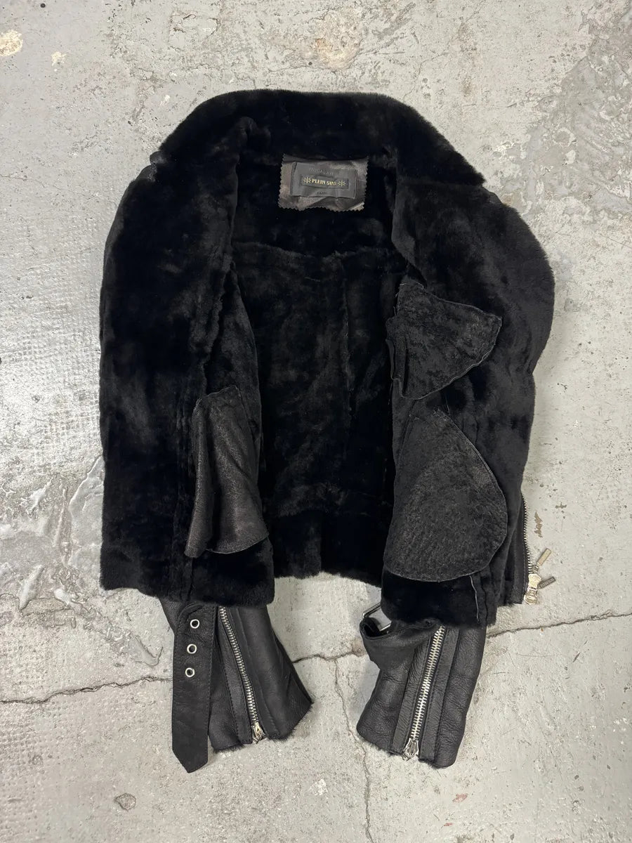 2000s Plein Sud Faycal Amor Black Shearling Leather Asymmetrical Jacket mEUmHTg 3