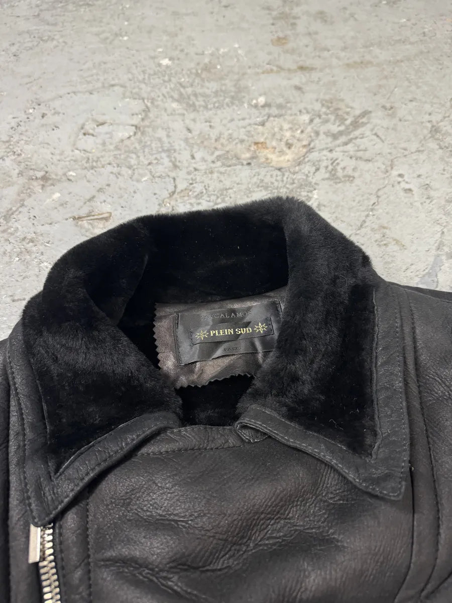 2000s Plein Sud Faycal Amor Black Shearling Leather Asymmetrical Jacket mEUmHTg 4