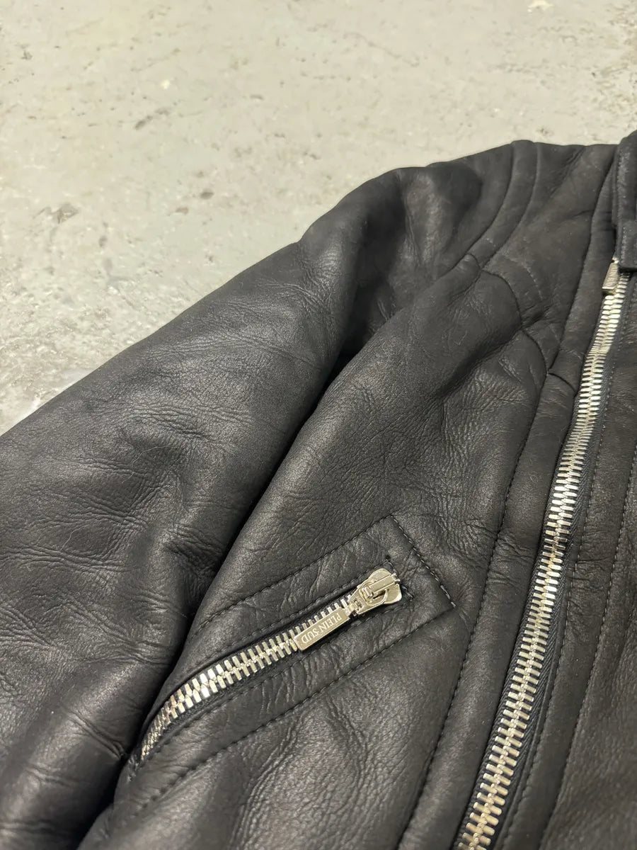 2000s Plein Sud Faycal Amor Black Shearling Leather Asymmetrical Jacket mEUmHTg 5