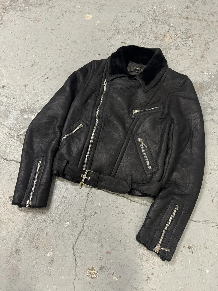 2000s Plein Sud Faycal Amor Black Shearling Leather Asymmetrical Jacket mEUmHTg 6