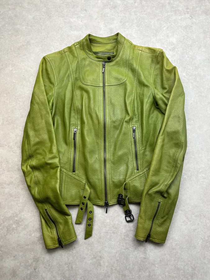 2000s Plein Sud Green Lamb Leather Moto Jacket JSEJVLC 3