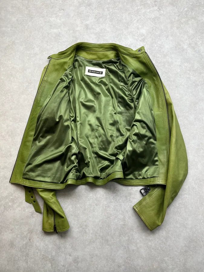 2000s Plein Sud Green Lamb Leather Moto Jacket JSEJVLC 8
