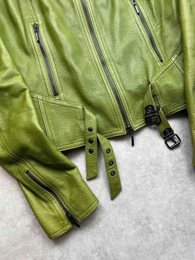2000s Plein Sud Green Lamb Leather Moto Jacket JSEJVLC 7
