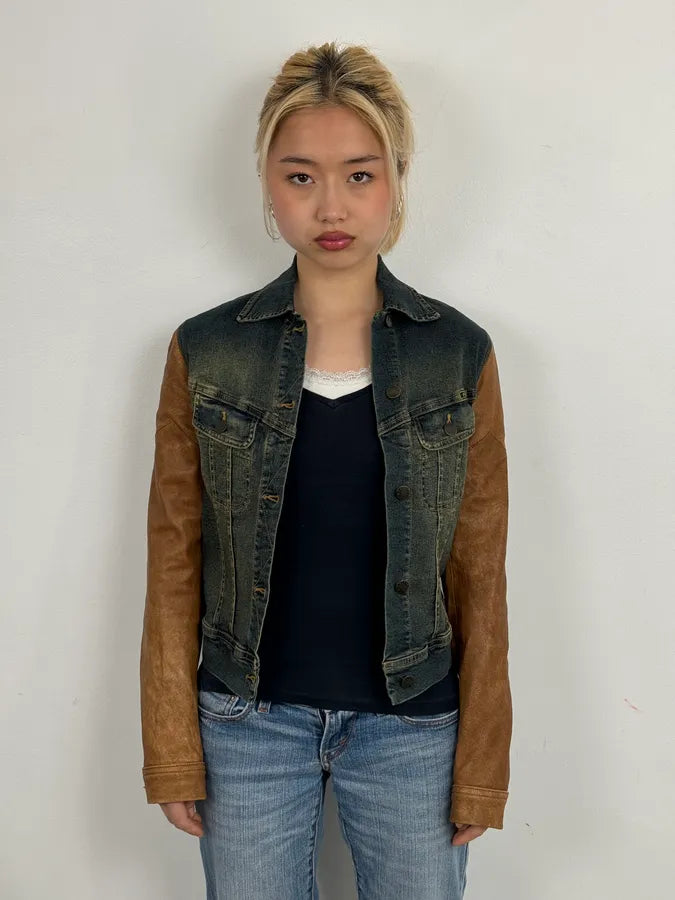 2000s Plein Sud Hybrid Denim & Leather Jacket WLdYvle 1