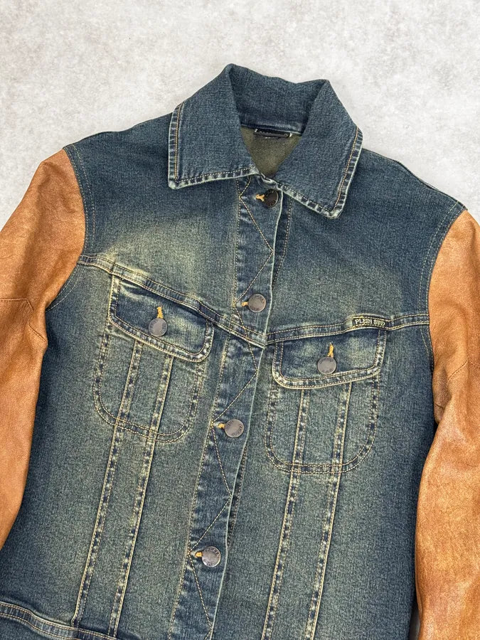 2000s Plein Sud Hybrid Denim & Leather Jacket WLdYvle 4