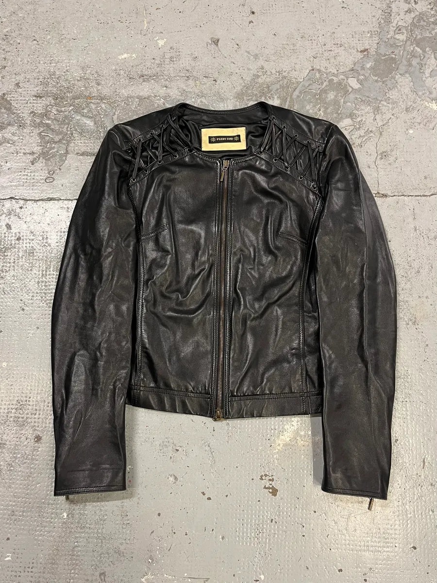 2000s Plein Sud Lace Up Biker Black Leather Jacket VOHLiWh 0