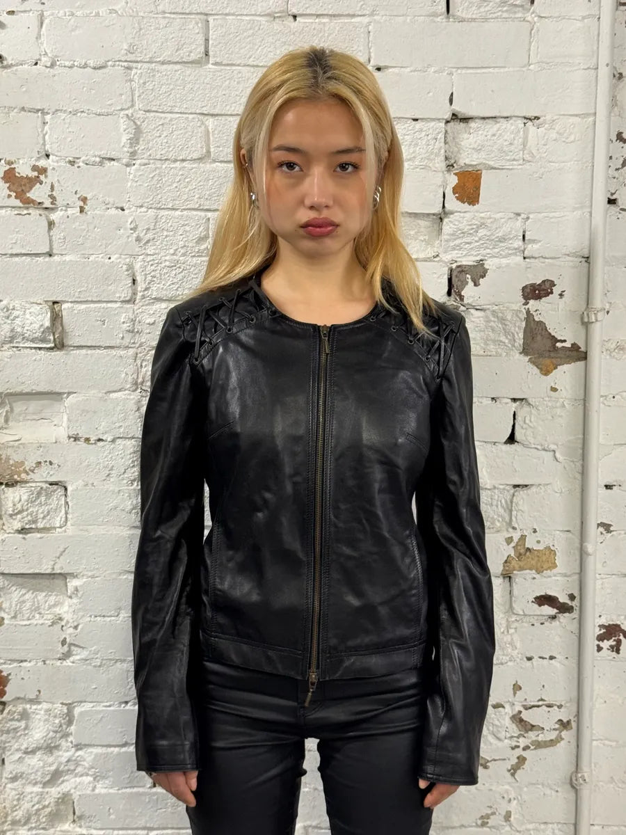 2000s Plein Sud Lace Up Biker Black Leather Jacket VOHLiWh 1