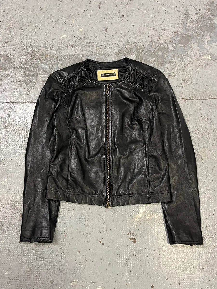2000s Plein Sud Lace Up Biker Black Leather Jacket VOHLiWh 3