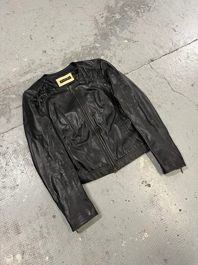 2000s Plein Sud Lace Up Biker Black Leather Jacket VOHLiWh 4